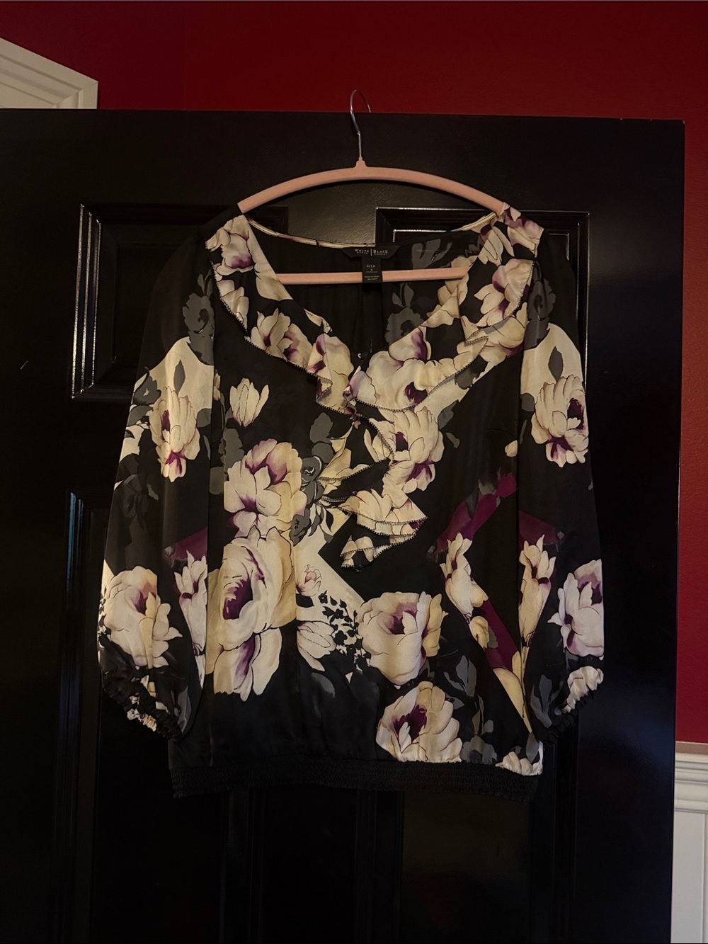 White House Black Market Black Floral Ruffle-Neck Blouse